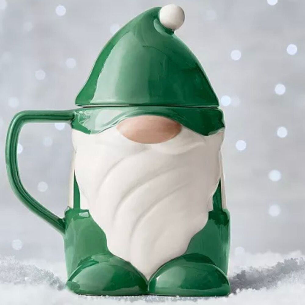 NWT Gorgeous!! Earthenware Green White Gnome Glossy Ceramic Macy’s Mug with Lid